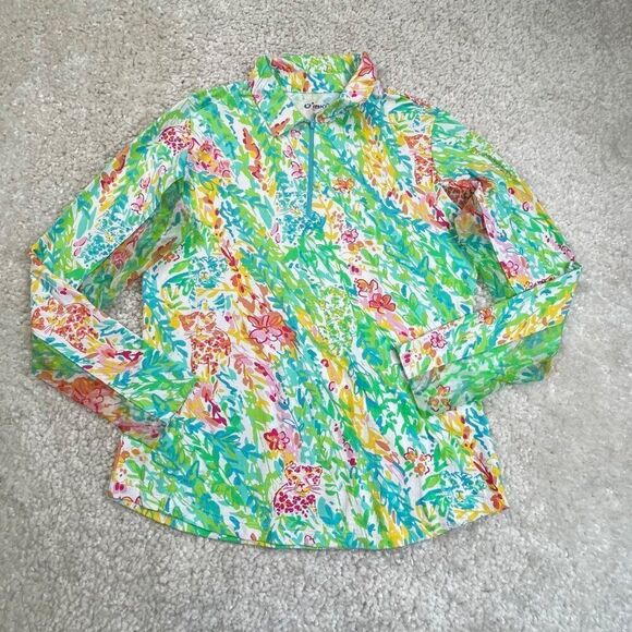 IBKUL Tops - IBKUL 1/4 Zip Mock Neck Top Green Yellow Floral Print
